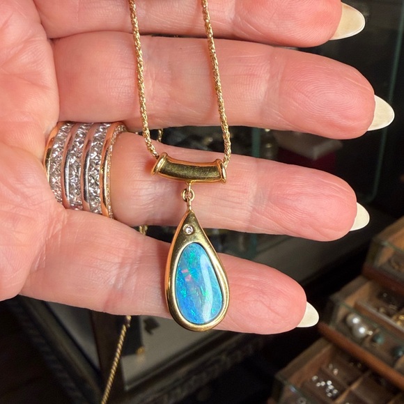 18 karat gold, Australian opal with diamondand 14k chain - Picture 13 of 15